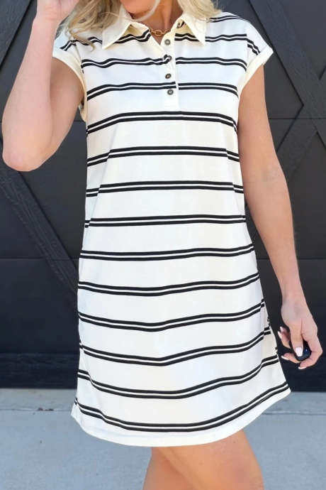 Black Stripe Polo Collar Short Sleeve Striped Shift Mini Dress