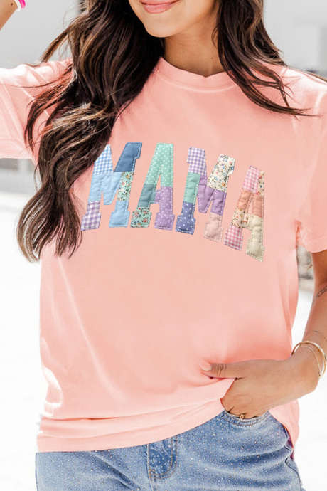 Pink Faux Patchwork Print Floral MAMA Lettering T Shirt
