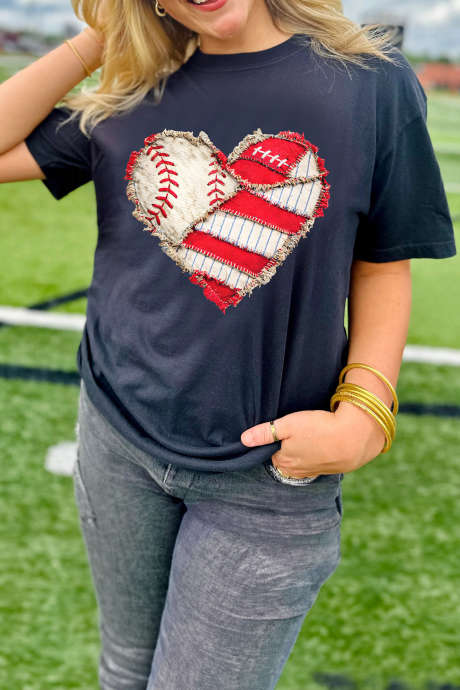 Černé tričko s potiskem baseballových srdíček LC25231966-2