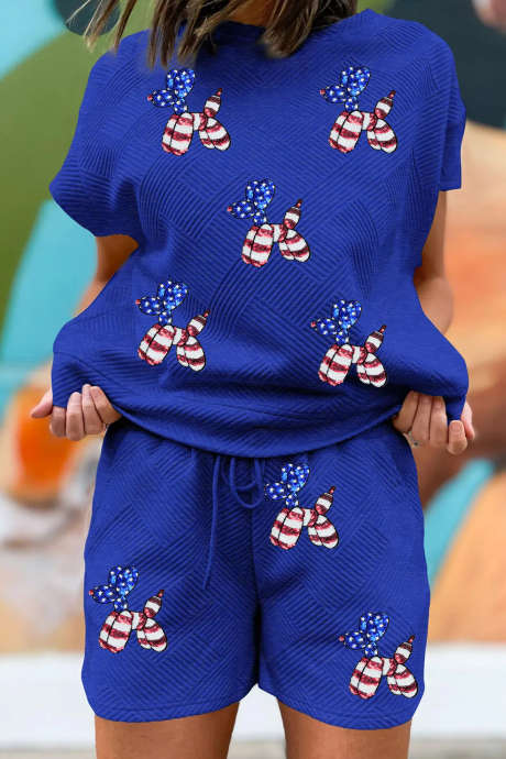 Mørkeblått, stilig, teksturert, paljett- og ballonghund-shortssett med patriotiske motiver LC629545-P5
