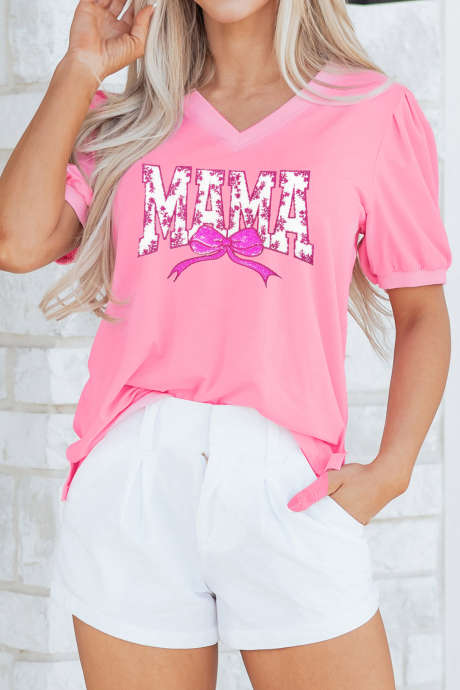 Bonbon Floral MAMA Lettering Sequin Bow V Neck Top LC25137840-P3010