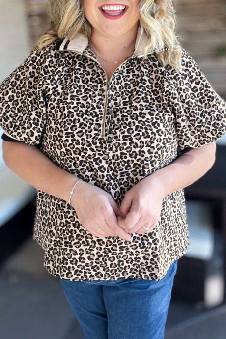 Brown Plus Size Leopard Print Striped Webbing Patchwork Half Zip Blouse PL25134624-P1720