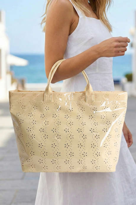 Geantă tote impermeabilă din PVC, lucioasă, cu model floral, bej, cu inele de ochi