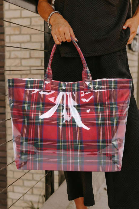 Flammende rød rutete mønster PVC glanset vanntett handleveske