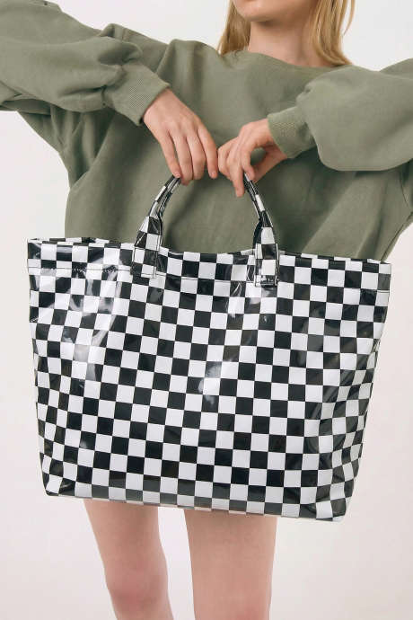 Farge svart rutete mønster PVC glanset vanntett handleveske