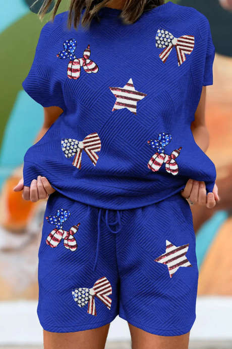 Tmavě modrý texturovaný flitrovaný kraťasový set s vlasteneckou grafikou LC629544-P5