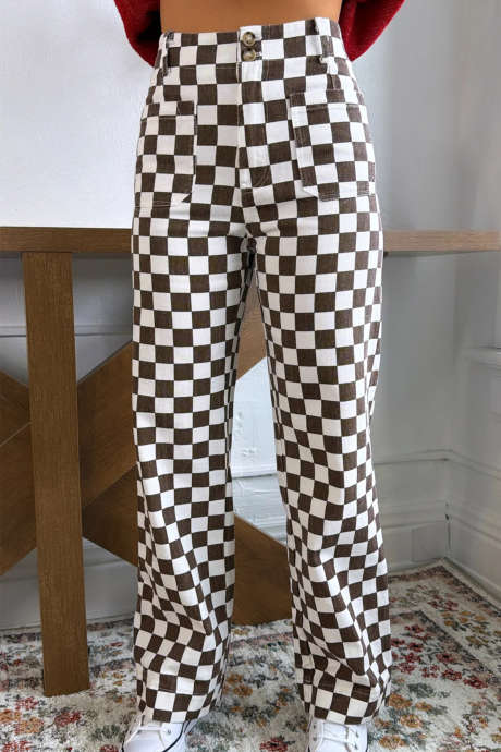 Brune rutete bukser med høy midje og rette ben
