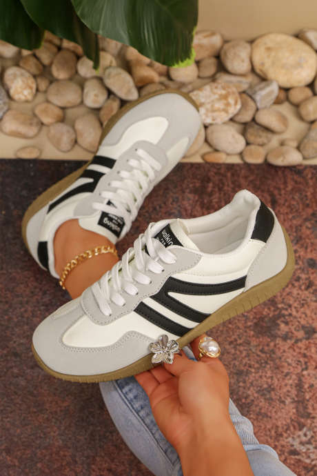 White Retro Vegan Leather Athletic Detail Lace Up Shoes BH024286-P101