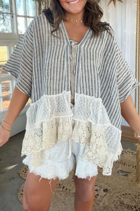Gray Stripe The Morning Dew Tie Top