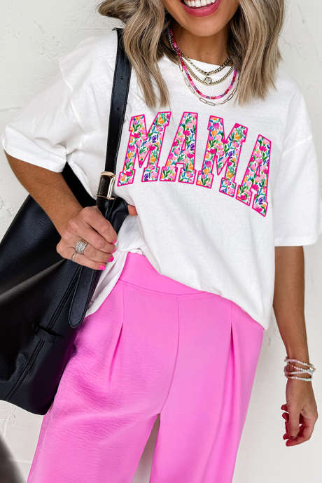 White Floral MAMA Lettering Printed Tee