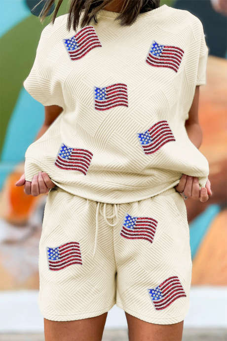 Meruňkové prošívané kraťasy s flitrovanou vlajkou a nášivkou, 2 ks, outfit LC629549-P18
