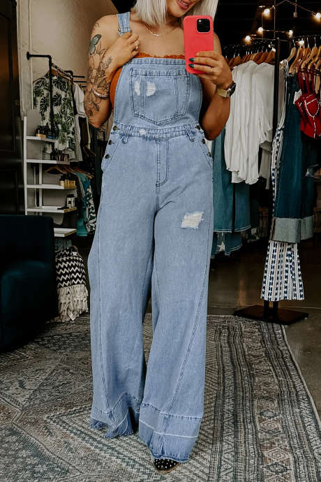 Mistblå Retro Distressed Knappejusterbare Stropper Denim Overall Jumpsuit