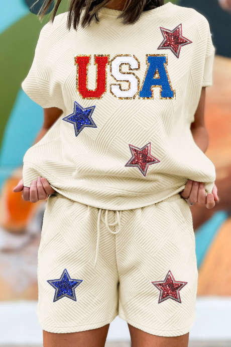 Apricot USA Star Patched Graphic Textured Short Set LC629546-P18
