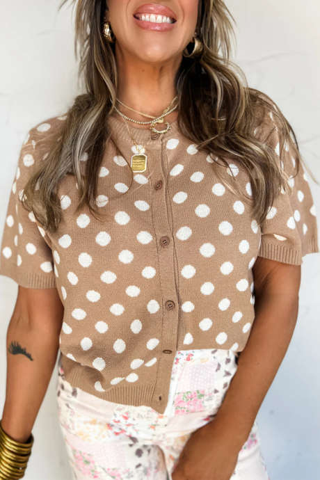 Mørk khaki prikkete kortermet gensercardigan med knapper