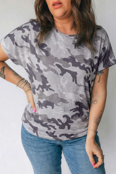 Grå Plus Size Camo Print Casual T-skjorte