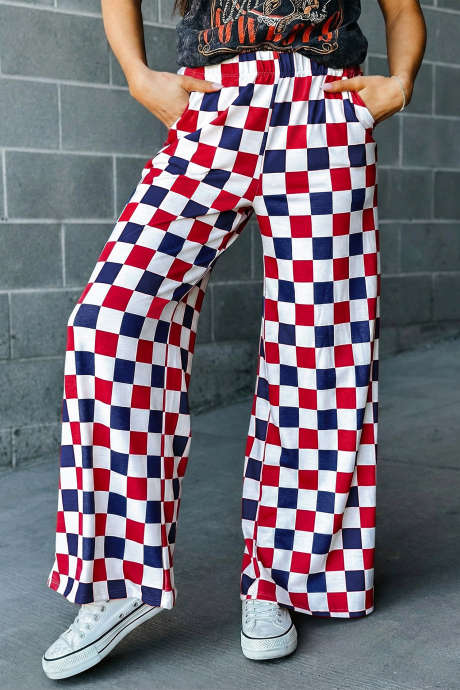 Pantaloni roșii cu talie înaltă, imprimeu în carouri în două tonuri, LC7712900-P10320