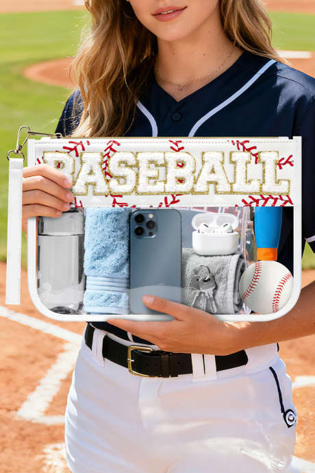 Hvit BASEBALL Chenille bokstavlapp kampdag stadion gjennomsiktig PVC-kosmetikkveske