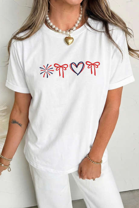 White Love July 4th Firework Bow Embroidered T Shirt