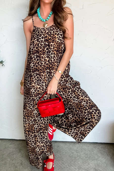 Brown Leopard Spaghetti Straps Loose Jumpsuit