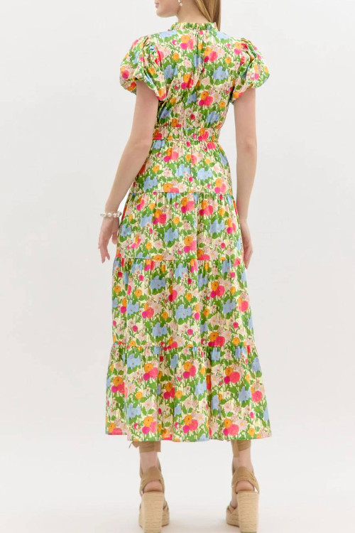 $15.01 Green Floral Print V Neck Short Puff Sleeve Cotton Maxi Dress  Wholesale