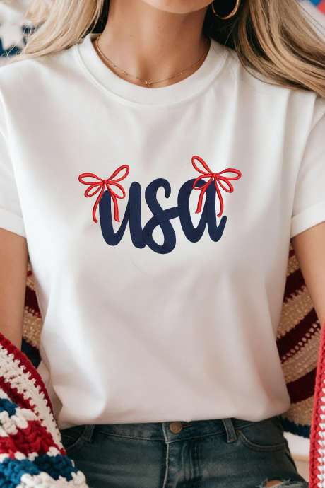 White USA Lettering Bow Embroidered T Shirt
