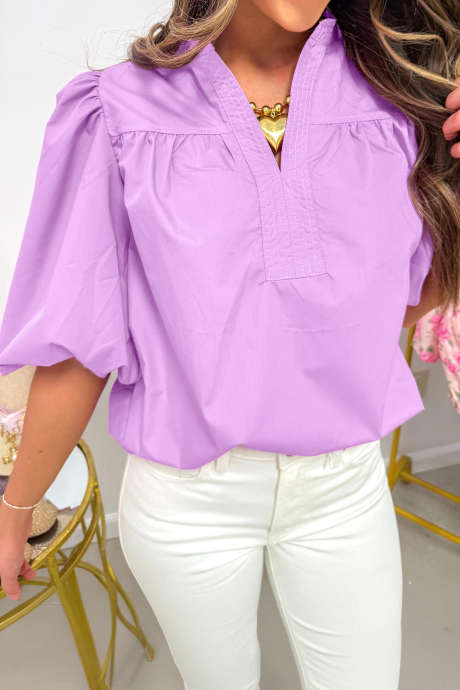 Phalaenopsis Stitched Detail V Neck Puffy Half Sleeve Blouse