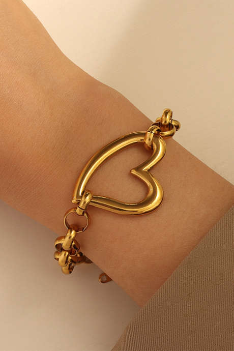Gold Hollowed Heart Accent Sleek Chain Bracelet BH014749-P12