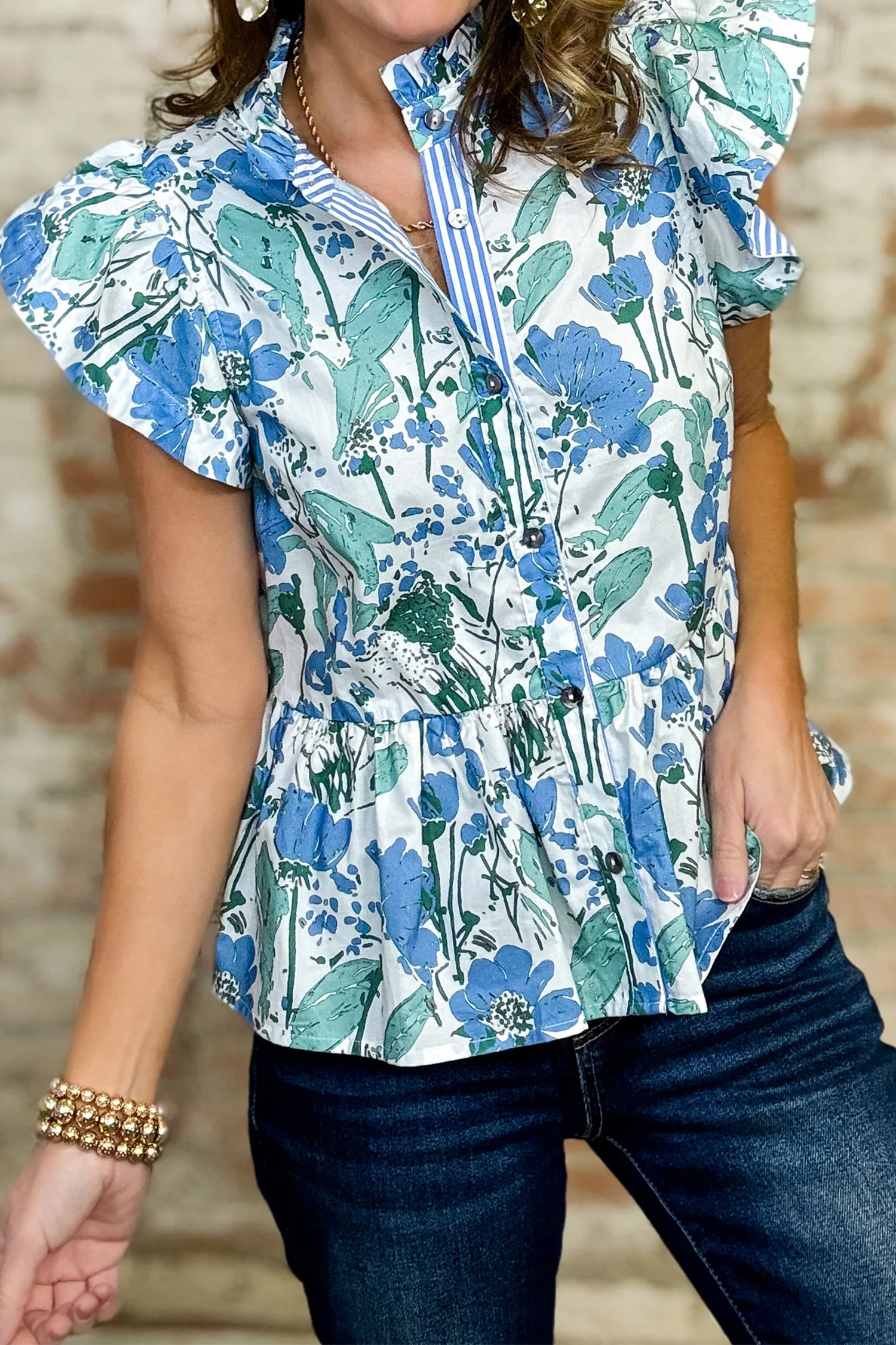 $8.02 Sky Blue Striped Trim Button Front Floral Ruffled Blouse Wholesale
