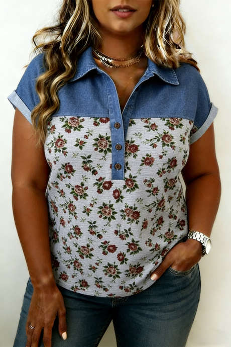 Grå retro blomstertrykk denim patching plus size poloskjorte