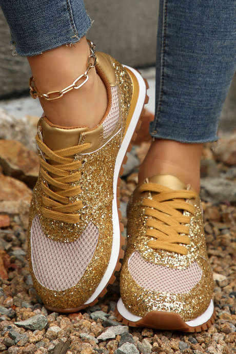 Gold Sequin Mesh Patchwork Lace Up Sneakers BH024282-P12