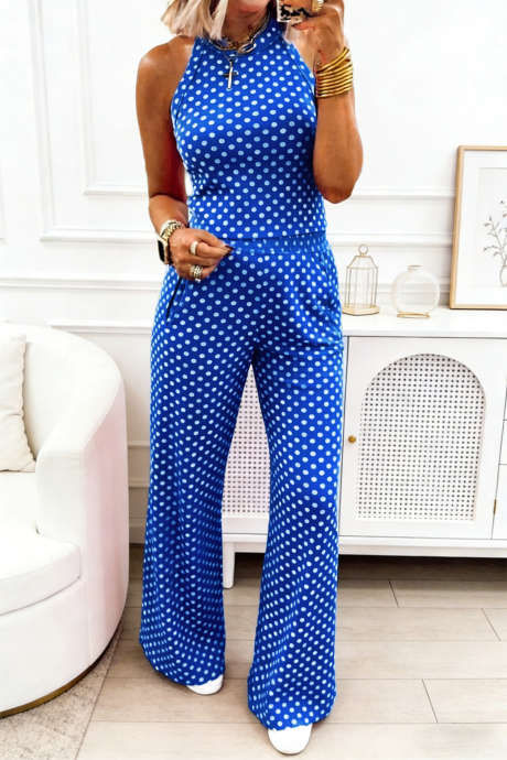 Blue Polka Dot Print Slim Tank Loose Pants 2pcs Outfit