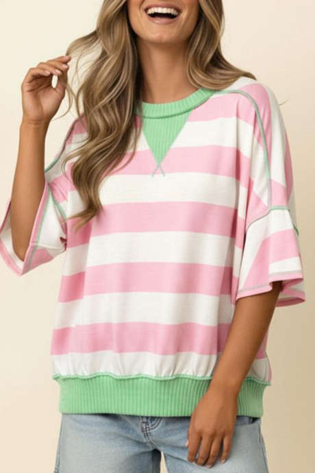 Tricou roz cu dungi, cusături expuse, model patchwork, supradimensionat, LC25231306-P1019