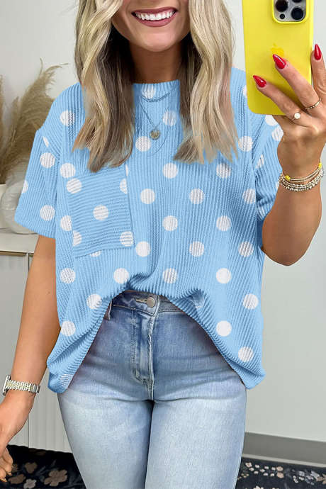 Himmelblå oversized t-skjorte med hevede ribber og polkaprikker