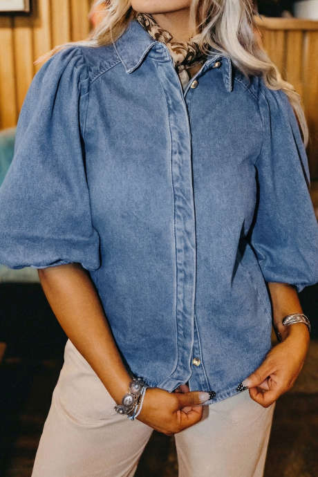 Blue Puff Half Sleeve Collared Denim Shirt LC7821608-P305