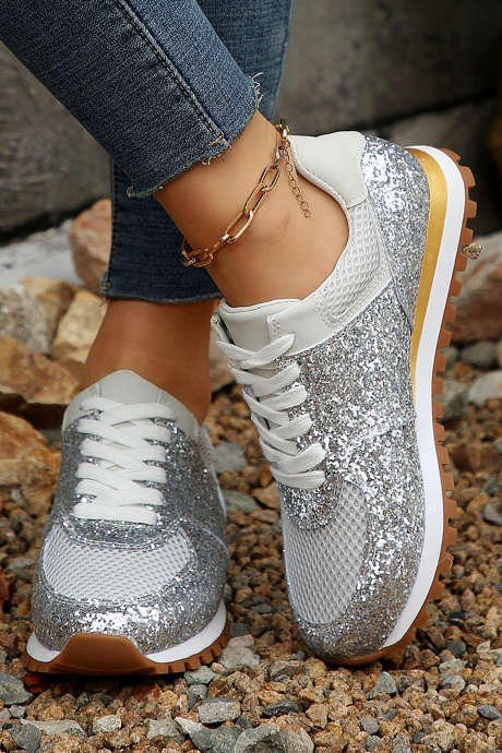Silvery Sequin Mesh Patchwork Lace Up Sneakers