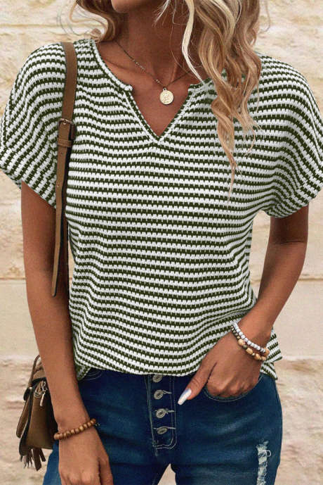 Green Stripe Textured Knit Notched Neck Cuffed Short Sleeve Top LC25226501-P919