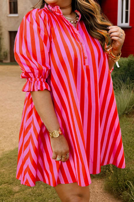 Rose Stripete Frynsekrage Knappehals Kortermet Kurvet Minikjole