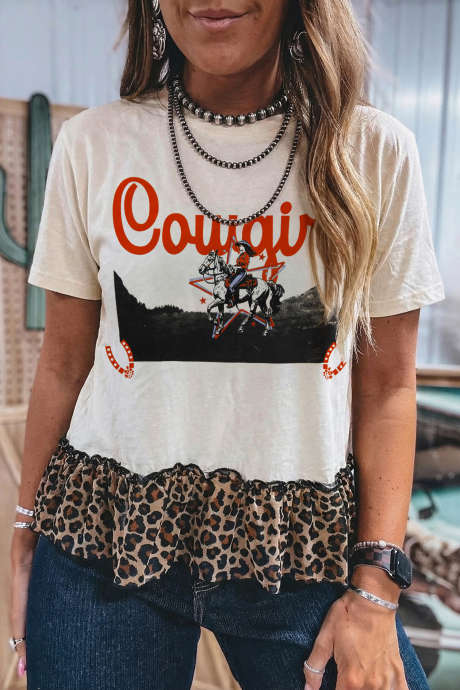 Hvit Retro COWGIRL-T-skjorte med leopardprint og rysjekant