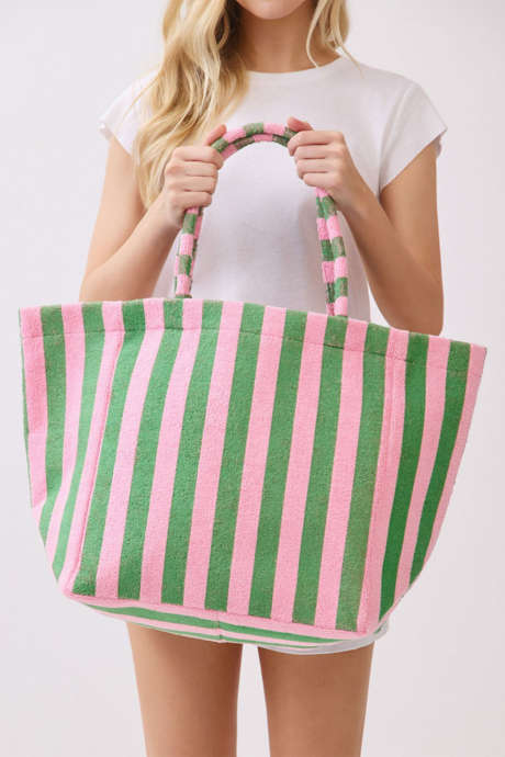 Dark Green Striped Terry Large Beach Tote Bag