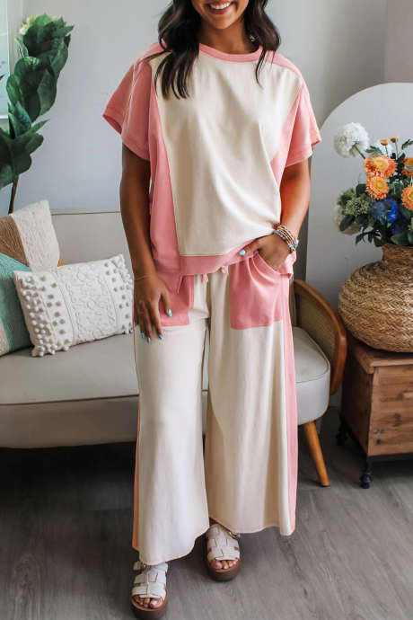 Hvitt tofarget fargeblokk-lappeteppe-T-skjorte med snøring og løse buksesett