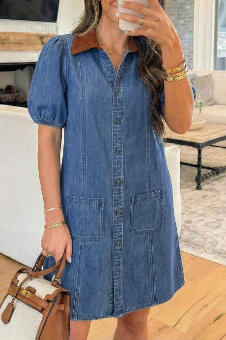 Blå denim korte puffermer fargeblokk skjortekrage lappeteppe minikjole LC7861299-P305