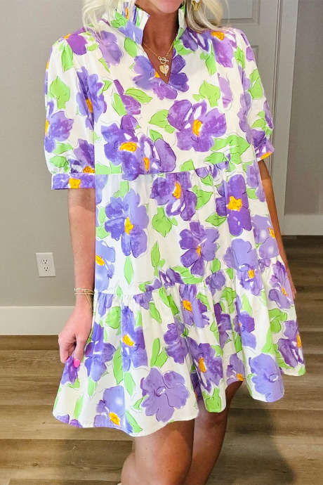 Lilla Volangert V-krage Kortermet Blomsterkjole
