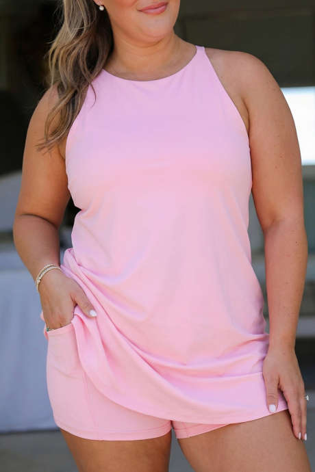 Rosa Plus Size Innebygde Shorts Ermeløs Kjole Med Kort Todelt Sett