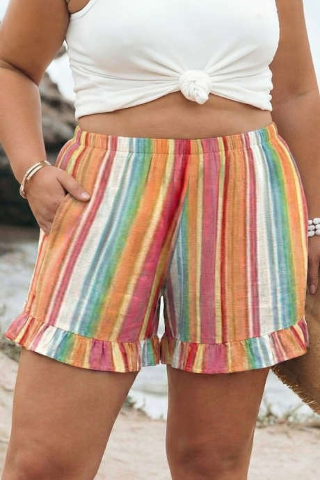 Pantaloni scurți portocalii cu dungi, mărime plus, talie elastică, tiv cu volane PL731194-P1419