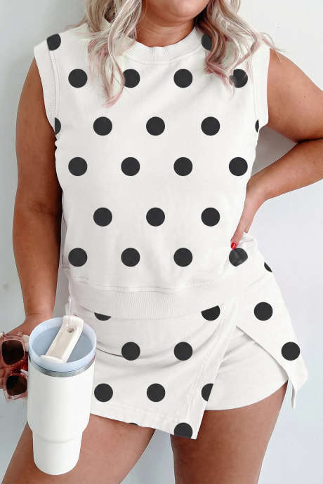 Hvit Plus Size Polkadot Print Tank Split Skort 2-delt antrekk