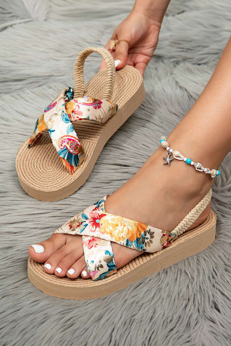 Pergament Blomster Kryssbånd Strå Vevd Platå Sandaler