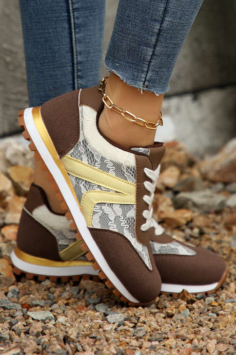 Coffee Floral Lace Accent Color Block Patchwork Sneakers BH024283-P1017
