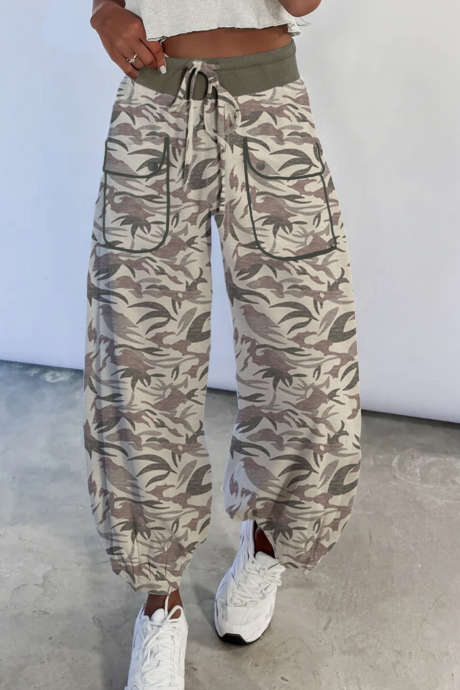 Khaki Drawstring Contrast Waistband Camouflage Cargo Barrel Pants