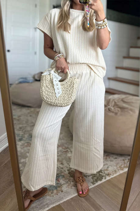 Beige Texture Loose Short Sleeve Top and Cropped Pant Set
