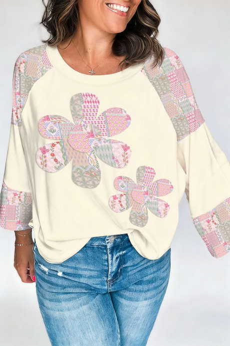 Beige Color Block Retro Bloemen Patchwork Top met Lange Mouwen